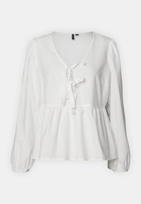 Blusa bianca a maniche lunghe con scollo a V e dettaglio a fiocco sul davanti. Presenta un accento arricciato in vita e maniche a sbuffo plissettate.