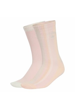 Two pairs of ribbed crew socks in soft pastel shades, featuring subtle Adidas logo embroidery near the top.