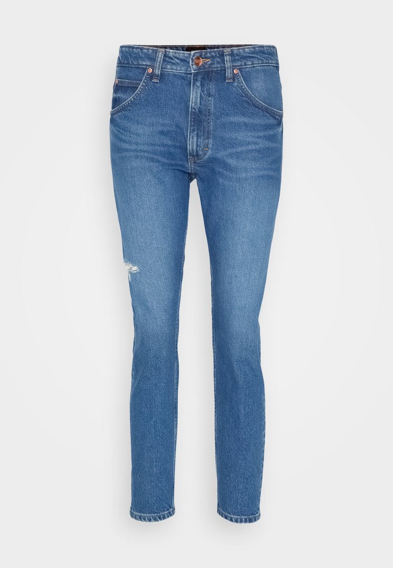 Verblasste blaue Denim-Jeans mit hoher Taille, geradem Bein und einem beschädigten Knie. Mit kupfernem Knopf und Fünf-Taschen-Design.