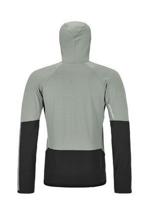 Hellgraue Kapuzenjacke mit schwarzen Ärmelunterseiten und Rückenteil, mit dem "Ortovox"-Logo am rechten Arm, von hinten dargestellt.