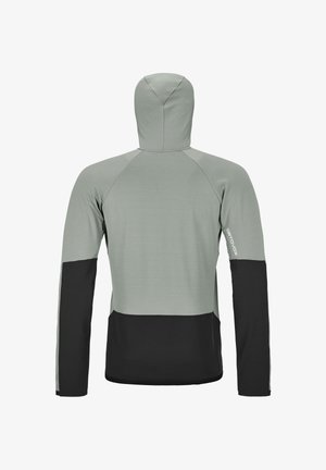 Hellgraue Kapuzenjacke mit schwarzen Ärmelunterseiten und Rückenteil, mit dem "Ortovox"-Logo am rechten Arm, von hinten dargestellt.