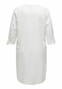 Abito bianco in lino con maniche a tre quarti, scollatura rotonda e polsini con risvolto. Tessuto liscio con una forma rilassata e fluida.