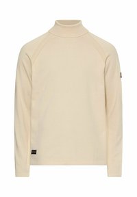 Beige Langarm-Turtleneck-Shirt mit gerippten Schulternähten, einem kleinen Logotag nahe dem Saum und einem Aufnäher am linken Ärmel.
