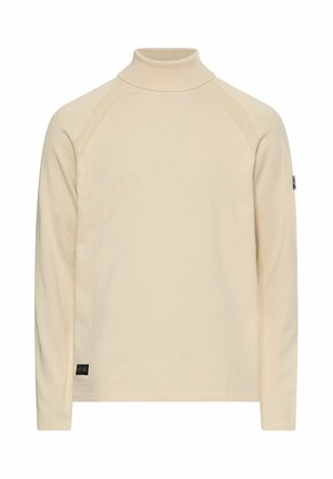 Beige lange mouw turtleneck shirt met geribbelde schoudernaden, een klein logo label nabij de zoom en een patch op de linker mouw.