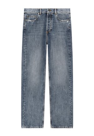 Jeans in denim azzurro chiaro con una vestibilità ampia, cinque tasche, cuciture robuste e un design a gamba dritta. Presentano sbiaditure sottili e dettagli classici.