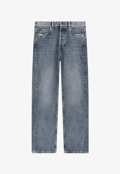 Jeans in denim azzurro chiaro con una vestibilità ampia, cinque tasche, cuciture robuste e un design a gamba dritta. Presentano sbiaditure sottili e dettagli classici.