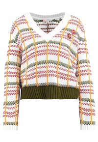 Suéter de punto con escote en V, patrón de rayas multicolores. Presenta líneas rojas, verdes y amarillas con un dobladillo acanalado en verde oliva y flores decorativas.