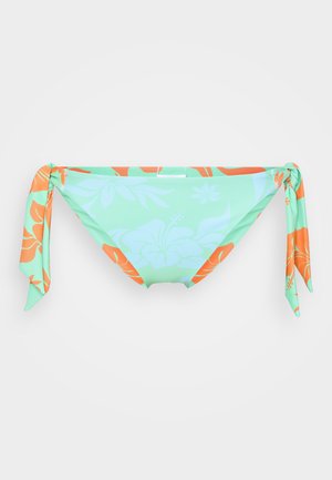 Turquoise floral bikini bottom with orange accents. Features side ties and a floral pattern, crafted from a smooth, stretch fabric.