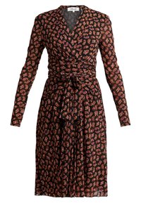 Svart omlotklänning med långa ärmar, prydd med ett paisleymönster i orange, lila och beige, med en cinchad midja och knytdetalj.