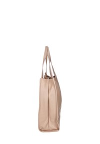 Beige lederen schoudertas met een gestructureerd oppervlak, twee platte handvatten en een ritssluiting aan de bovenkant, met een ruime, rechthoekige vorm.