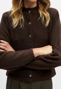 Cardigan tricoté marron avec un col haut, fermeture à boutons sur le devant et accents en métal argenté. S'ajuste bien à la taille avec des manches longues.