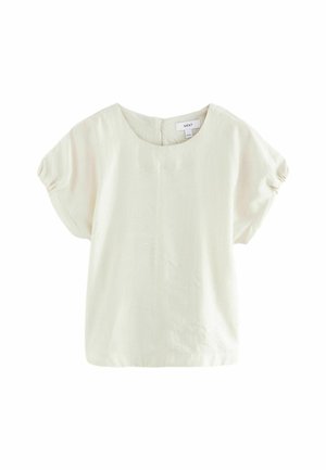 Kremowa bluzka z krótkim rękawem, z okrągłym dekoltem i subtelną pionową teksturą, wyposażona w zamek z tyłu oraz marszczone detale na rękawach.