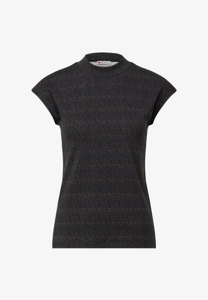 Kortærmet, højhalset top i mørkegrå med et subtilt guld geometrisk mønster. Lavet af blødt, struktureret stof. Har cap ærmer.