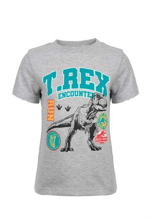 Graues T-Shirt mit einem großen T. rex Dinosaurier Grafik, "T. REX ENCOUNTER" Text, Fußabdrücke und Jurassic World-Themenlogos.