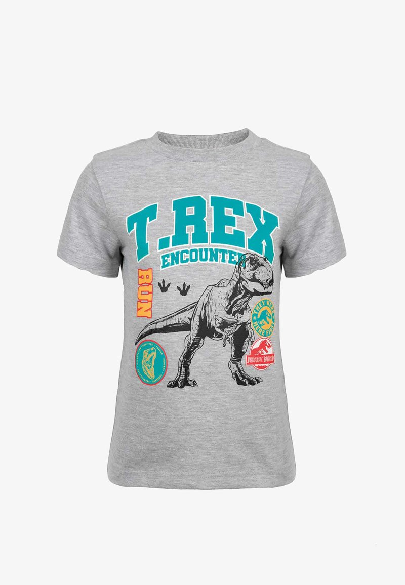 Graues T-Shirt mit einem großen T. rex Dinosaurier Grafik, "T. REX ENCOUNTER" Text, Fußabdrücke und Jurassic World-Themenlogos.