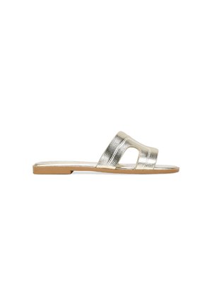 Metallic gold slide sandal with a flat sole, featuring two wide straps and a cut-out detail. Textured finish and lightweight design.