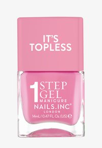 Neglelakkflaske med klart glassbase og kvadratisk, lys rosa hette. Etiketten har hvit tekst: "1 STEP GEL MANICURE NAILS.INC LONDON."