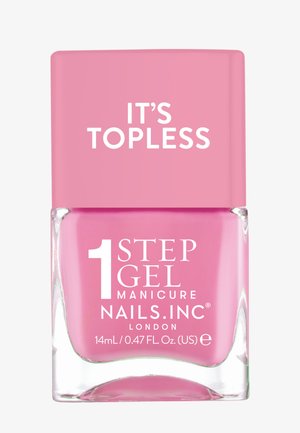 Flacon di smalto con base in vetro trasparente e tappo quadrato di un rosa pallido. L'etichetta presenta un testo bianco: "1 STEP GEL MANICURE NAILS.INC LONDON."