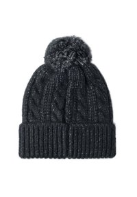 Berretto lavorato a maglia di un grigio scuro con un motivo a treccia, dotato di un risvolto a costine e di un soffice pompon in cima. Realizzato in un filato morbido e testurizzato.