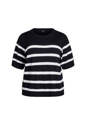Pullover tricoté avec un col rond, des manches courtes et des rayures horizontales noires et blanches. Texture douce ; coupe décontractée.