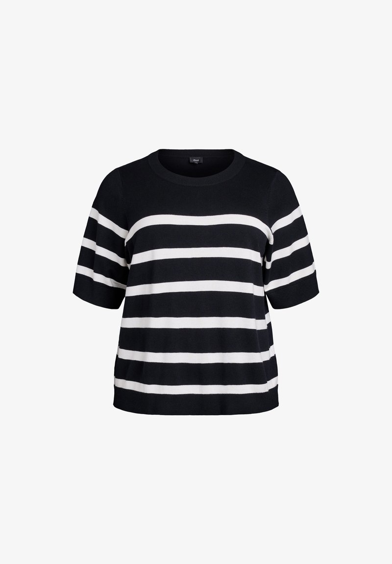 Pletený svetr s kulatým výstřihem, krátkými rukávy a vodorovnými černobílými pruhy. Měkká textura; volný střih.