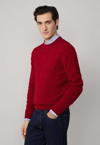 Pull en maille rouge à motif texturé, col rond, avec des poignets et un ourlet côtelés. Porté par-dessus une chemise bleue à col avec des poignets contrastants.