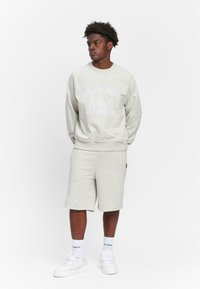 Hellgraues Sweatshirt mit Rundhalsausschnitt und grafischem Druck, kombiniert mit passenden Shorts. Das Material scheint weich und strukturiert zu sein.