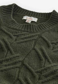 Olivgrüner Strickpullover mit strukturiertem Diamantmuster, geripptem Kragen und einem Etikett mit der Aufschrift "NEXT SIGNATURE", hergestellt in Italien.