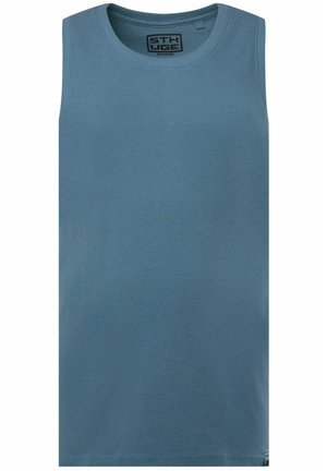 Canotta in cotone senza maniche di colore blu con una texture a coste; scollatura rotonda; presenta un piccolo etichetta del marchio all'orlo.