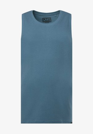 Blue sleeveless cotton tank top with a ribbed texture; round neckline; features a small brand tag at the hem.