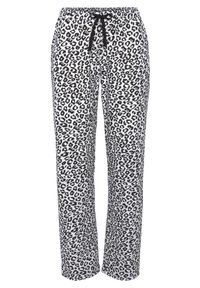 Leopard print lounge pants with a black drawstring, made of soft fabric. Features an elastic waistband and straight leg design.