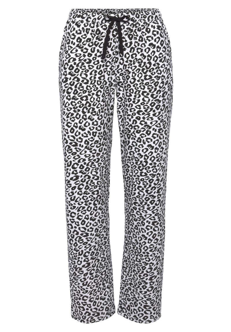 Leopard print lounge pants with a black drawstring, made of soft fabric. Features an elastic waistband and straight leg design.