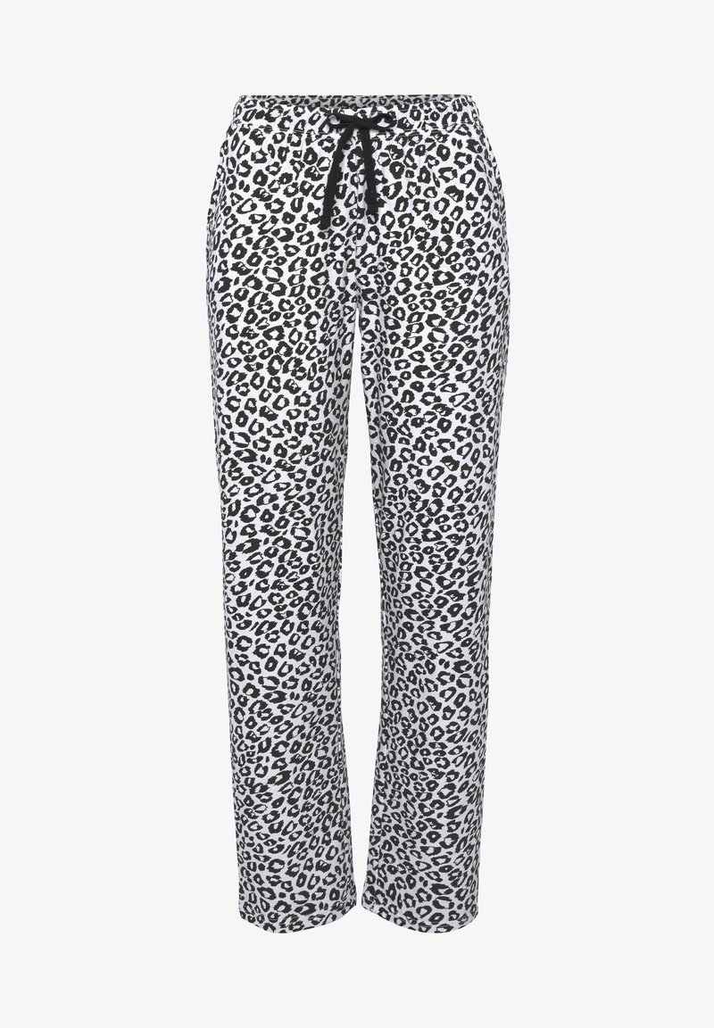 Leopard print lounge pants with a black drawstring, made of soft fabric. Features an elastic waistband and straight leg design.