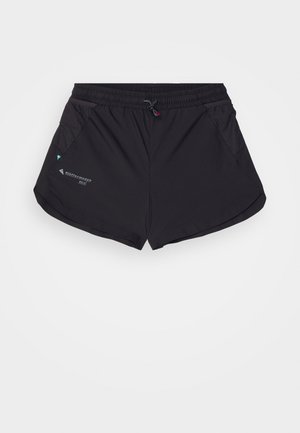 Black athletic shorts made of lightweight material with a mesh side panel, adjustable drawstring waistband, and subtle branding detail.