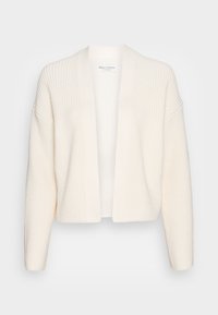 Cardigan de cor creme com textura canelada, frente aberta e ombros caídos. Feito de um tecido macio, apresenta um corte descontraído e sem fechos.