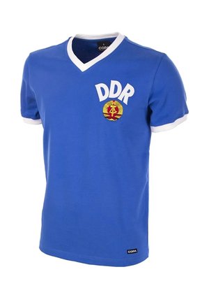 Blue cotton T-shirt with a white V-neck and sleeve trim. Features "DDR" in white letters and a circular DDR logo in red and yellow.