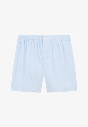 Hellblaue Herrenboxershorts mit elastischem Bund und zwei weißen Knöpfen am vorderen Verschluss.