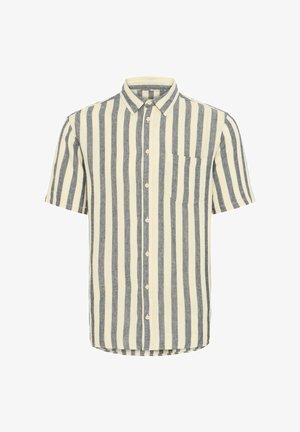 Lühem varrukatega nööbiga särk triibulises sinises ja kreemjas kangas, millel on rinnatasku ja kumer hem.