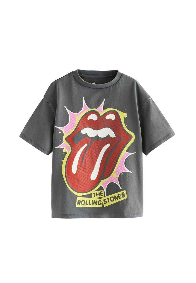Szara bawełniana koszulka z okrągłym dekoltem, z wyraźnym czerwonym wzorem w kształcie języka, żółtymi akcentami i napisem "The Rolling Stones".