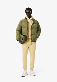 Chaqueta acolchada verde, sudadera amarilla y joggers a juego. Zapatillas blancas, gafas de sol y un bolso de hombro verde completan el conjunto.