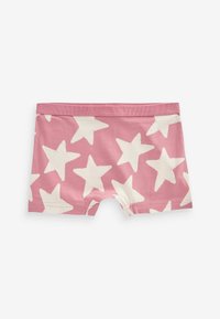 Shorts en coton roses pour garçons avec un motif d'étoiles blanches, dotés d'une taille élastique et de détails cousus sur les bords.