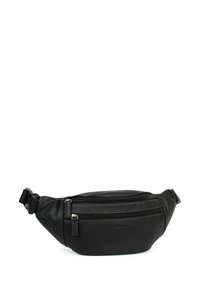 Marsupio in pelle nera con forma arrotondata, tracolla regolabile, tasche anteriori con zip e superficie con motivo testurizzato.