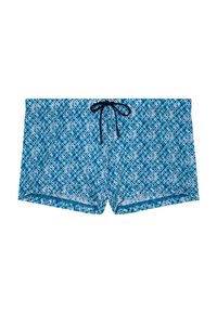 Siniset kuvioidut miesten uimashortsit, joissa on musta nyöri solmittuna keskelle edessä, esillä valkoisella taustalla.