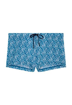 Blå mønstrede herre badebukser med sort snor bundet foran midt på, vist fladt på en hvid baggrund.