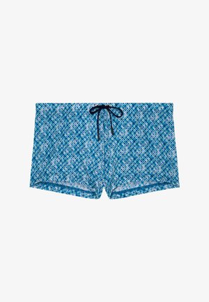 Blue patterned men's swim trunks with a black drawstring tied at the center front, displayed flat on a white background.