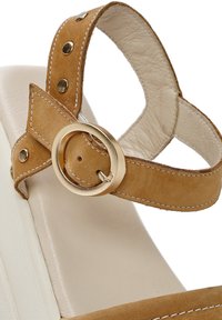Sandalo in suede beige con una fibbia circolare dorata. Presenta una cinghia alla caviglia cucita e una soletta di un beige chiaro. Design con piattaforma elevata.