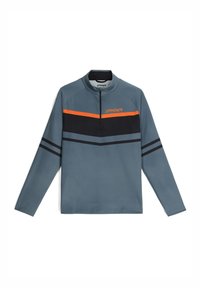 Pullover grigio a maniche lunghe con colletto alto, caratterizzato da strisce orizzontali arancioni e nere sul petto e una cerniera al collo.