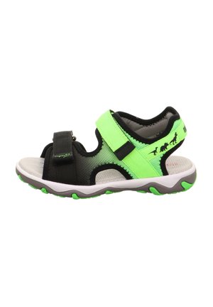 Schwarze und neongrüne Sandalen mit verstellbaren Riemen, aus Netzmaterial, mit strukturiertem Fußbett und strapazierfähiger Gummisohle mit grünen Akzenten.