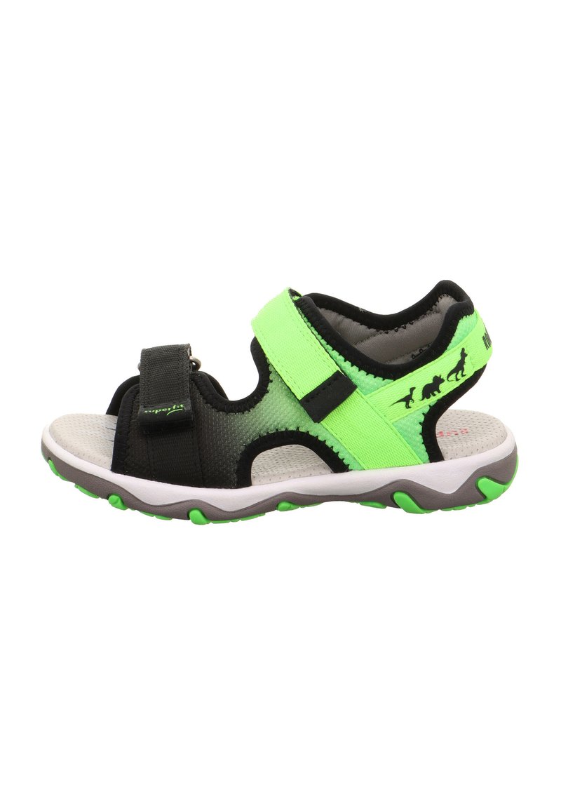 Schwarze und neongrüne Sandalen mit verstellbaren Riemen, aus Netzmaterial, mit strukturiertem Fußbett und strapazierfähiger Gummisohle mit grünen Akzenten.