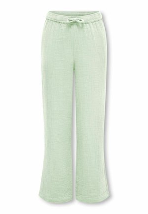 Lysegrønne, teksturerte loungebukser med elastisk midjebånd og snor, vide ben, flat frontutsikt.